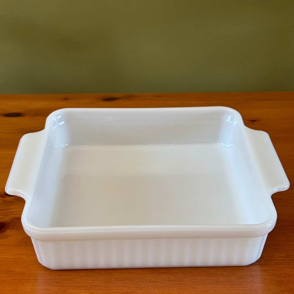 Fire-King White Milk Glass Square Baking Dish Ribbed 1457 Vintage Oven Ware 8in